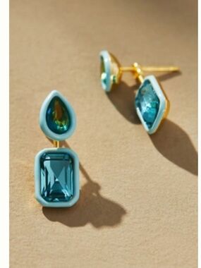 Anthropologie Gold-Tone Blue Teardrop & Emerald Cut Drop Earrings